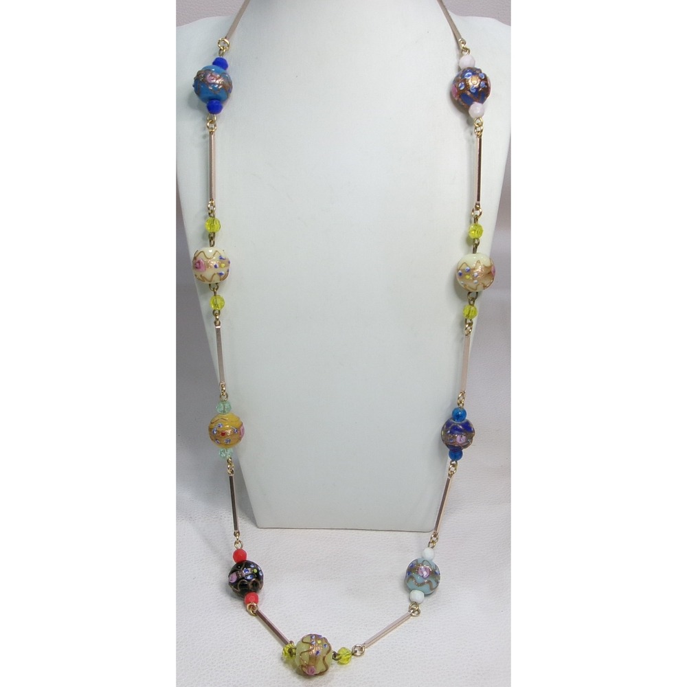 Vintage Venetian Wedding Cake Art Glass Beaded Necklace 26"